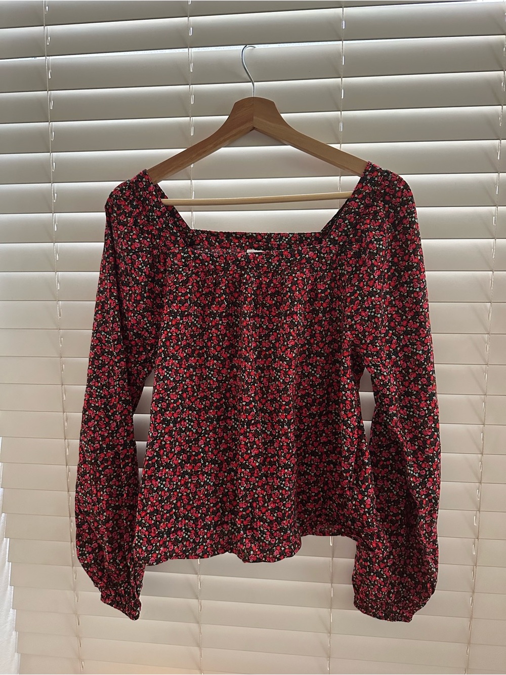 GAP Black Blouse with Red Floral Print, Square Neck